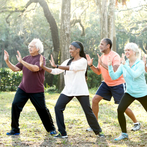 Five seniors doing tai chi together in a sunny park.