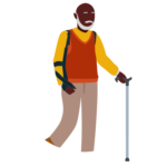 Illustration of a stroke survivor with a cane and a hand brace walking