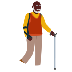 Illustration of a stroke survivor with a cane and a hand brace walking