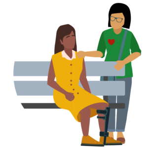 Illustration of a stroke survivor sitting on a bench and caregiver