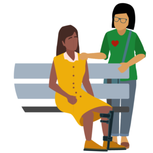 Illustration of a stroke survivor sitting on a bench and caregiver