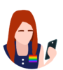 Illustration of a woman with a pride flag pin on her top looking at her phone