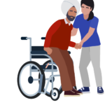 Illustration of a stroke survivor being helped out of a wheelchair by a caregiver