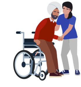 Illustration of a stroke survivor being helped out of a wheelchair by a caregiver
