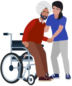 Illustration of a stroke survivor being helped out of a wheelchair by a caregiver