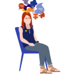 Illustration of a woman sitting on a chair with colorful thought bubbles over her head