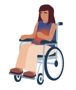 Illustration of a stroke survivor in a wheelchair suffering from discomfort in her stomach