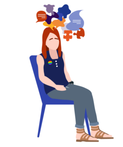 Illustration of a woman sitting on a chair with colorful thought bubbles over her head