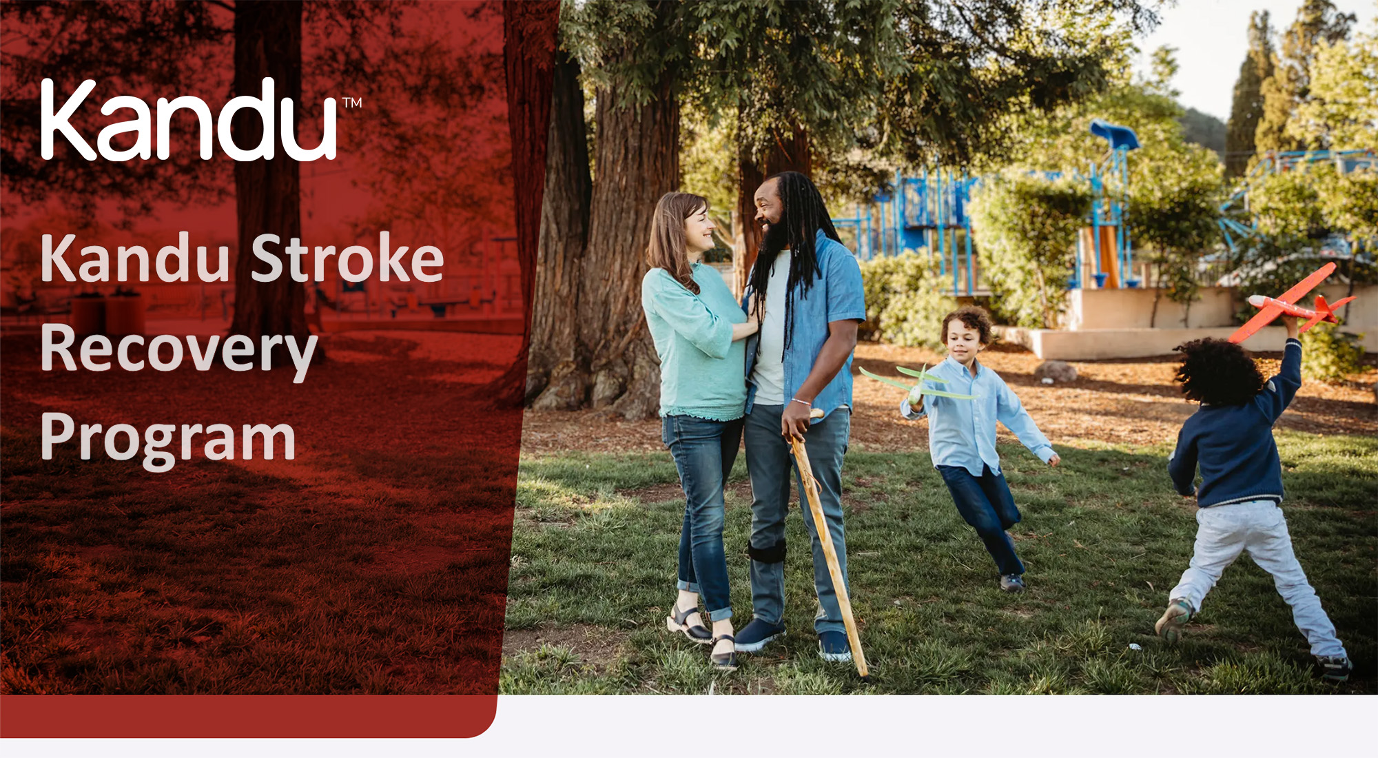 Bryan, a recovering stroke survivor and Kandu program graduate in the park with his family as part of his rehabilitation